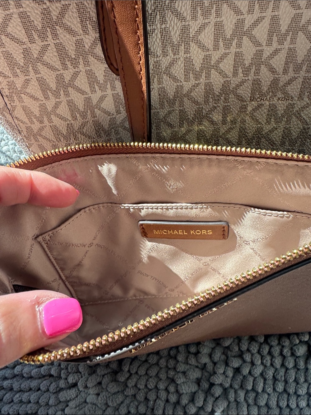 Michael Kors Beige Signature MK Tote with Brown Leather Trim - Picture 12 of 13